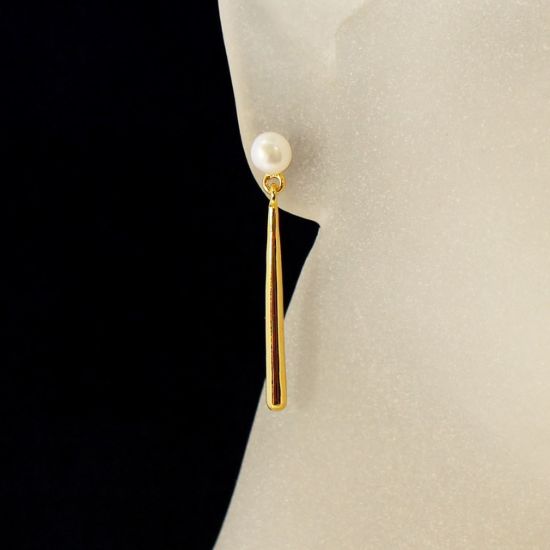 Wholesale Gold Over Sterling Silver Dangle Bar Freshwater Pearl Earrings