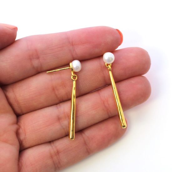 Wholesale Gold Over Sterling Silver Dangle Bar Freshwater Pearl Earrings