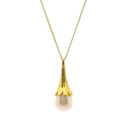 Wholesale Gold Over Sterling Silver Cone Capped White Freshwater Pearl Necklace