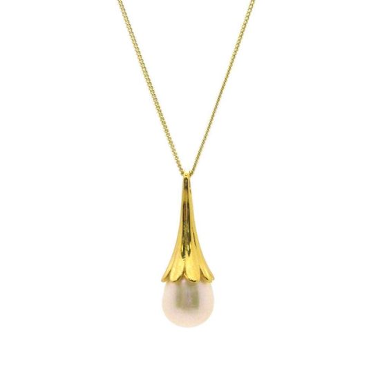 Wholesale Gold Over Sterling Silver Cone Capped White Freshwater Pearl Necklace