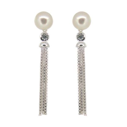 Wholesale Sterling Silver Freshwater Pearl and CZ Stone Tassel Earrings
