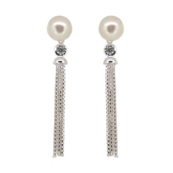 Wholesale Sterling Silver Freshwater Pearl and CZ Stone Tassel Earrings