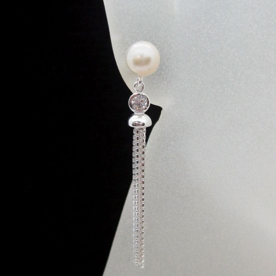 Wholesale Sterling Silver Freshwater Pearl and CZ Stone Tassel Earrings