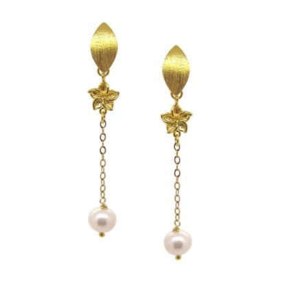 Wholesale Gold Over Sterling Silver Long Marquise Flower Freshwater Pearl Earrings