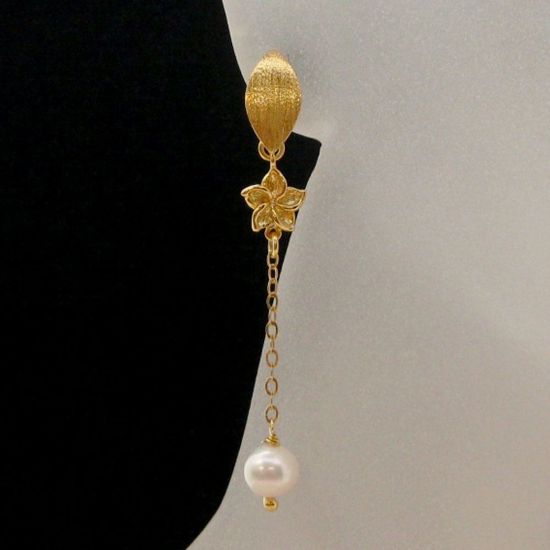 Wholesale Gold Over Sterling Silver Long Marquise Flower Freshwater Pearl Earrings