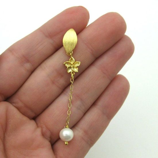 Wholesale Gold Over Sterling Silver Long Marquise Flower Freshwater Pearl Earrings