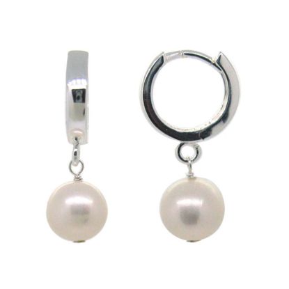 Wholesale Sterling Silver Thick Hoop White Freshwater Pearl Earrings