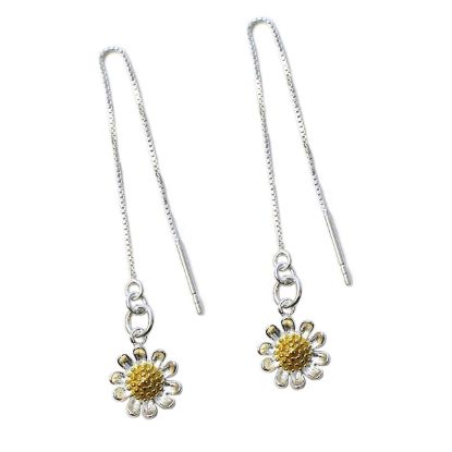 Wholesale Sterling Silver Two-Tone Sunflower Charm Threader Earrings (Sold Per Pair)