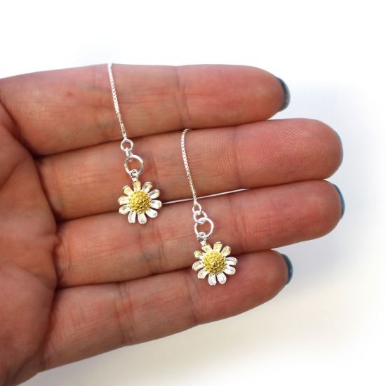 Wholesale Sterling Silver Two-Tone Sunflower Charm Threader Earrings (Sold Per Pair)