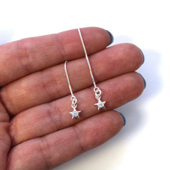 Wholesale Sterling Silver CZ Stone Star Charm Threader Earrings (Sold Per Pair)