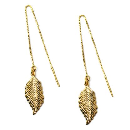 Wholesale Gold Over Sterling Silver Feather Charm Threader Earrings (Sold Per Pair)