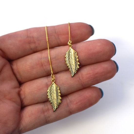 Wholesale Gold Over Sterling Silver Feather Charm Threader Earrings (Sold Per Pair)
