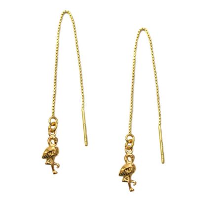 Wholesale Gold Over Sterling Silver Flamingo Charm Threader Earrings (Sold Per Pair)