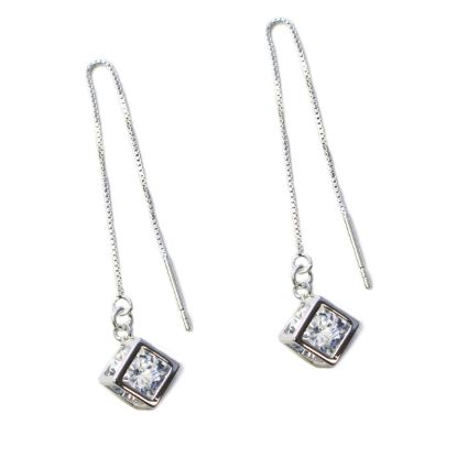Wholesale Sterling Silver CZ Stone Cube Charm Threader Earrings (Sold Per Pair)