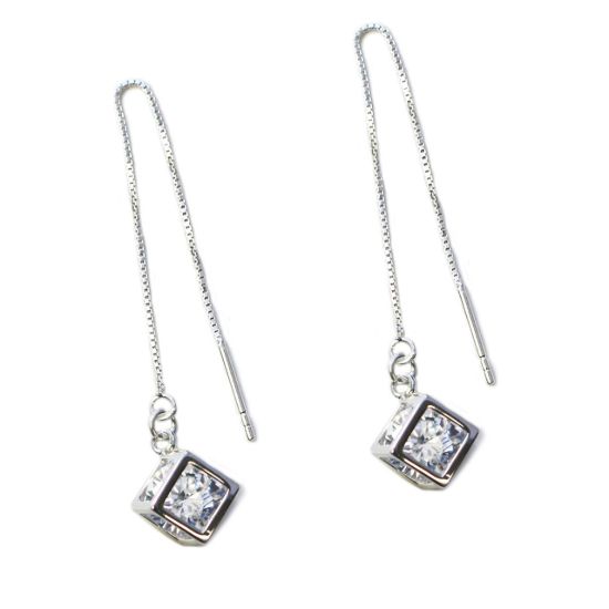 Wholesale Sterling Silver CZ Stone Cube Charm Threader Earrings (Sold Per Pair)