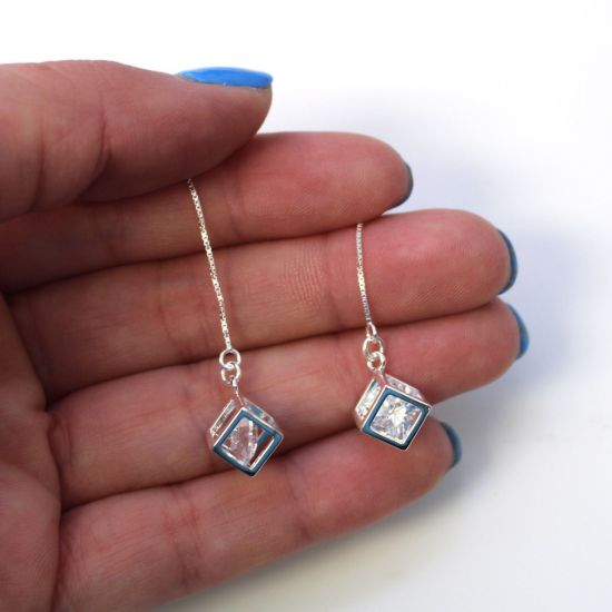 Wholesale Sterling Silver CZ Stone Cube Charm Threader Earrings (Sold Per Pair)