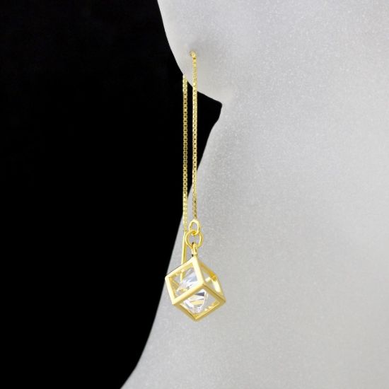 Wholesale Gold Over Sterling Silver CZ Stone Cube Charm Threader Earrings (Sold Per Pair)