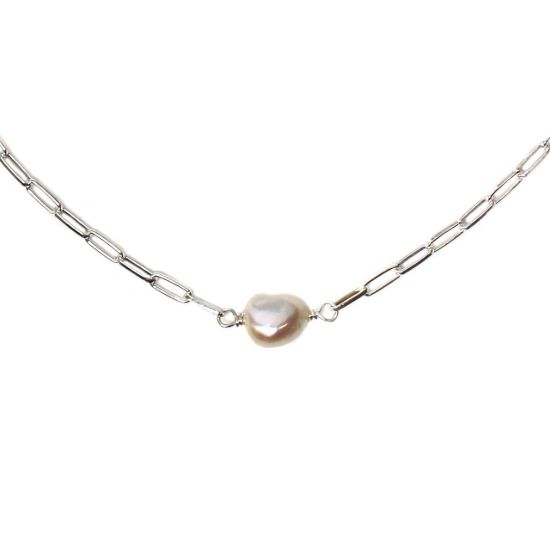 Wholesale Sterling Silver White Freshwater Pearl Long Box Chain Choker - 15"