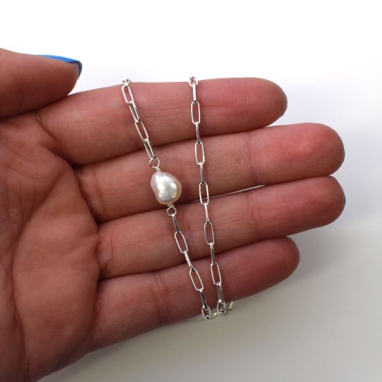 Wholesale Sterling Silver White Freshwater Pearl Long Box Chain Choker - 15"