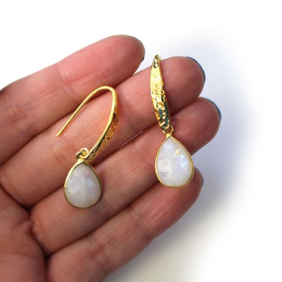 Wholesale Gold Over Sterling Silver Hammered Teardrop Gemstone Earrings (Sold Per Pair)