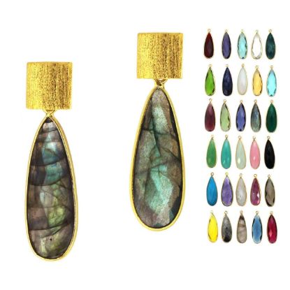 Wholesale Gold Over Sterling Silver Textured Square Elongated Teardrop Gemstone Earrings (Sold Per Pair)