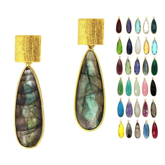 Wholesale Gold Over Sterling Silver Textured Square Elongated Teardrop Gemstone Earrings (Sold Per Pair)