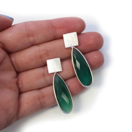 Wholesale Sterling Silver Textured Square Elongated Teardrop Gemstone Earrings (Sold Per Pair)