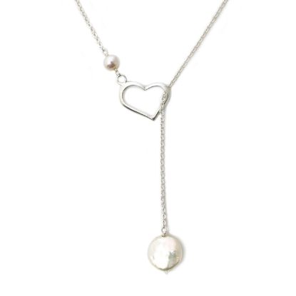 Wholesale Sterling Silver Heart and Freshwater Pearl Lariat Necklace