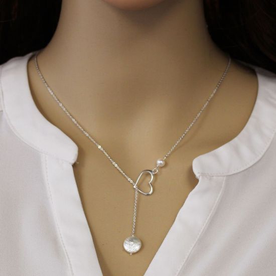 Wholesale Sterling Silver Heart and Freshwater Pearl Lariat Necklace