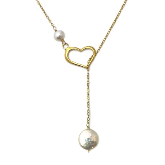 Wholesale Gold Over Sterling Silver Heart and Freshwater Pearl Lariat Necklace