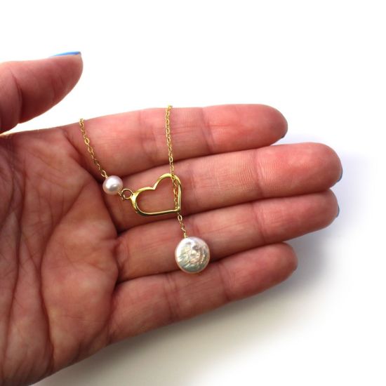 Wholesale Gold Over Sterling Silver Heart and Freshwater Pearl Lariat Necklace