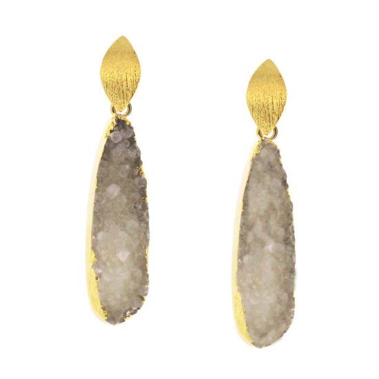 Wholesale Gold Over Sterling Silver Marquise White Elongated Teardrop Druzy Earrings (Sold Per Pair)