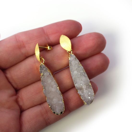 Wholesale Gold Over Sterling Silver Marquise White Elongated Teardrop Druzy Earrings (Sold Per Pair)