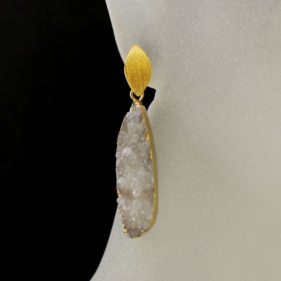 Wholesale Gold Over Sterling Silver Marquise White Elongated Teardrop Druzy Earrings (Sold Per Pair)