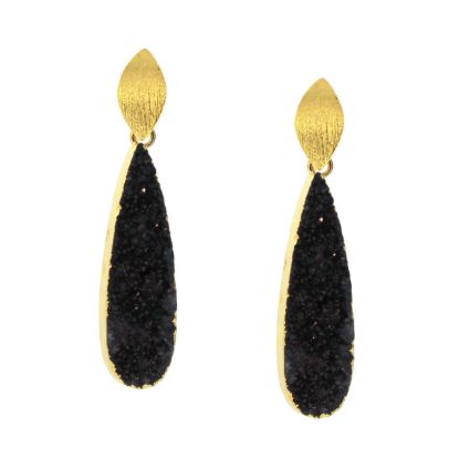 Wholesale Gold Over Sterling Silver Marquise Black Elongated Teardrop Druzy Earrings (Sold Per Pair)