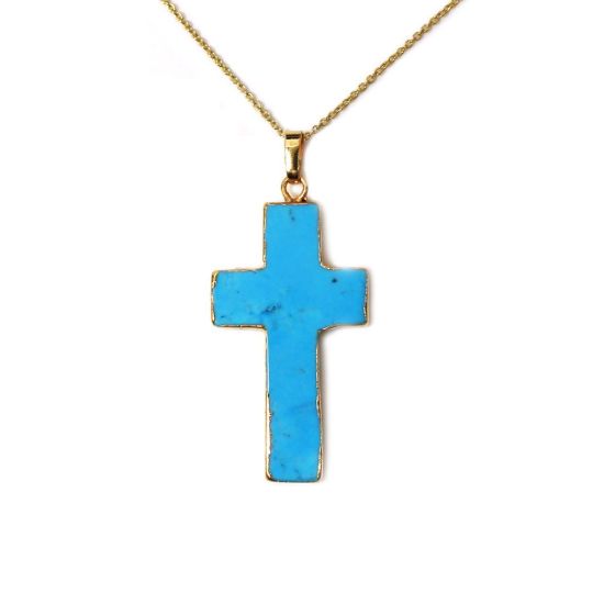 Wholesale Gold Over Sterling Silver Blue Howlite Turquoise Cross Pendant Necklace - 16"