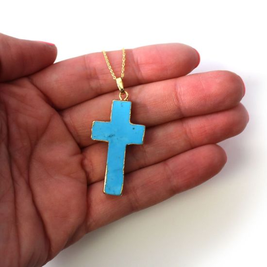 Wholesale Gold Over Sterling Silver Blue Howlite Turquoise Cross Pendant Necklace - 16"