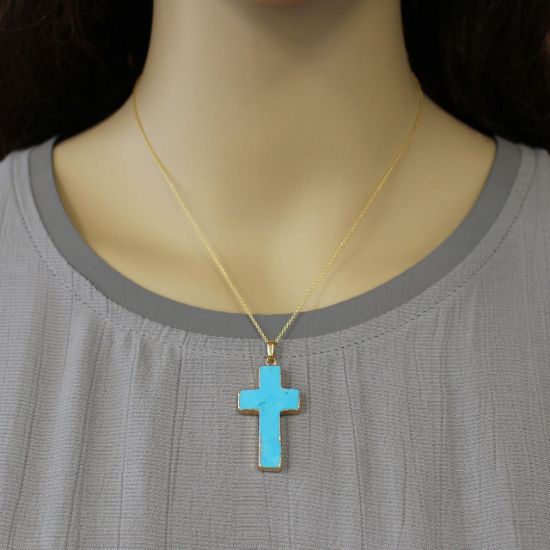 Wholesale Gold Over Sterling Silver Blue Howlite Turquoise Cross Pendant Necklace - 16"