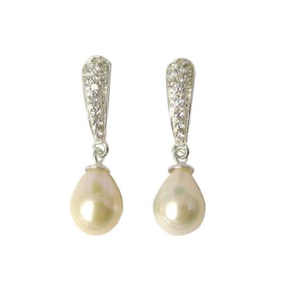 Wholesale Sterling Silver CZ Stone and White Freshwater Pearl Drop Earrings