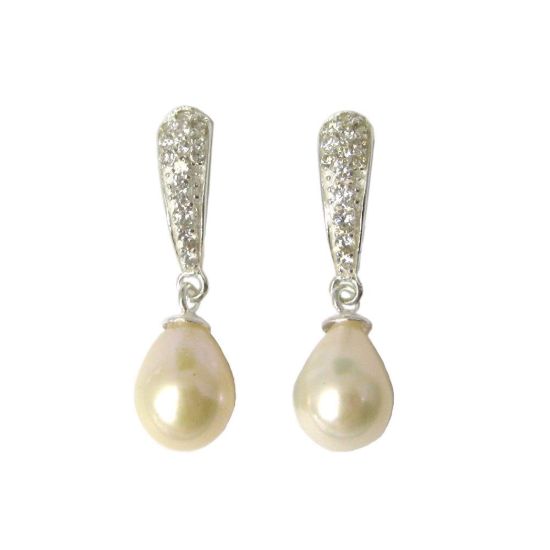Wholesale Sterling Silver CZ Stone and White Freshwater Pearl Drop Earrings