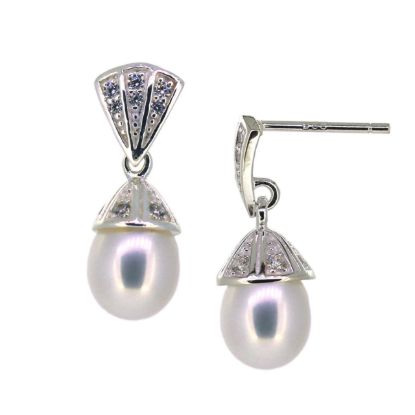 Wholesale Sterling Silver White Freshwater Pearl CZ Stone Triangle Earrings