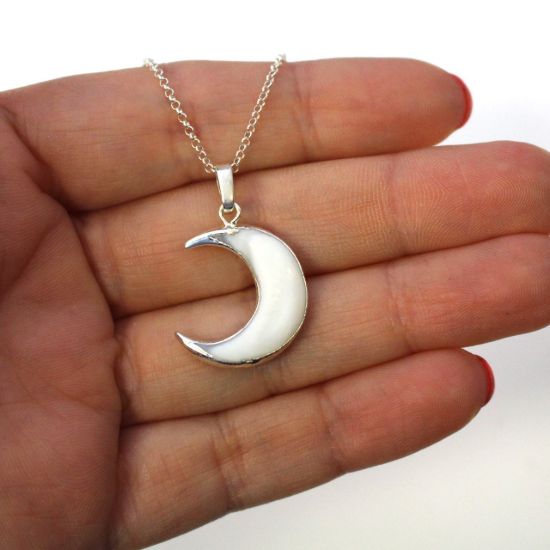 Wholesale Sterling Silver White Shell Crescent Moon Necklace - 18"