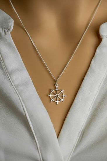 Wholesale Sterling Silver Nautical Boat Wheel Charm Necklace - 16"