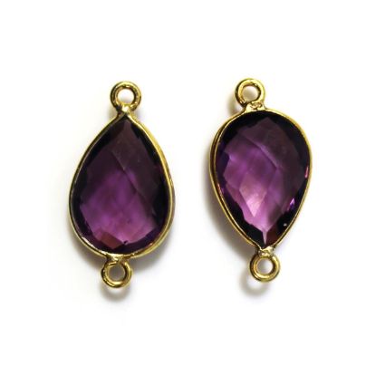 Gold Over Sterling Silver Bezel Gemstone Links - 10x14mm Faceted Pear Shape - Amethyst Quartz - February Birthstone