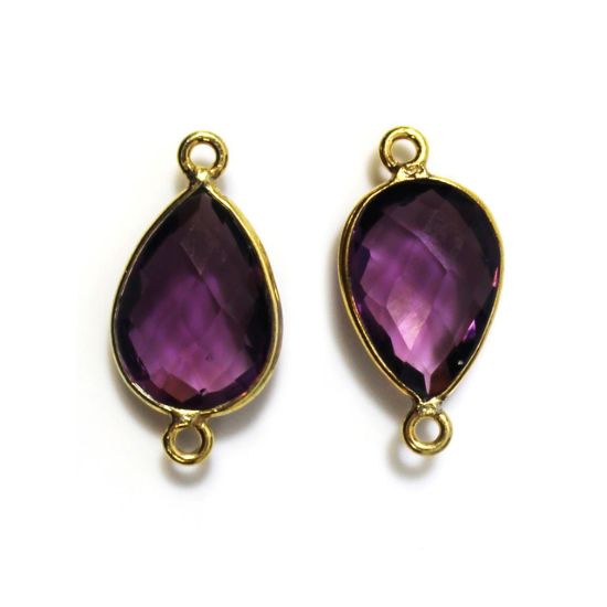 Gold Over Sterling Silver Bezel Gemstone Links - 10x14mm Faceted Pear Shape - Amethyst Quartz - February Birthstone