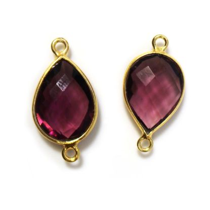 Gold Over Sterling Silver Bezel Gemstone Links - 10x14mm Faceted Pear Shape - Pink Amethyst Quartz