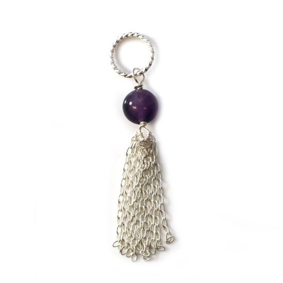 Wholesale Sterling Silver Tiny Twisted Ring Amethyst Bead Tassel Charm Pendant - February Birthstone