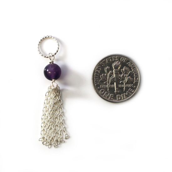 Wholesale Sterling Silver Tiny Twisted Ring Amethyst Bead Tassel Charm Pendant - February Birthstone