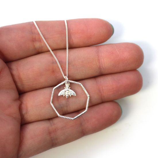 Wholesale Sterling Silver Bumblebee Honeycomb Charm Necklace - 16"