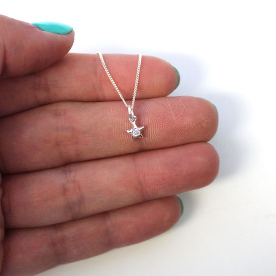 Wholesale Sterling Silver Tiny CZ Stone Star Charm Necklace - 16"